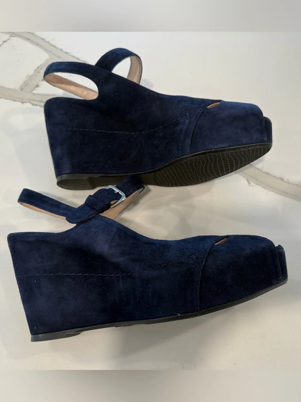 Stuart Weitzman Women’s Navy Suede Wedge Peep Toe Sandals with Ankle Strap 10